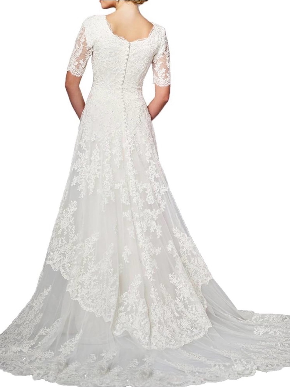 Elegant White Lace A-line Bridal Gown size M (6-8) Scalloped Neck 3/4 sleeves - Picture 16 of 16
